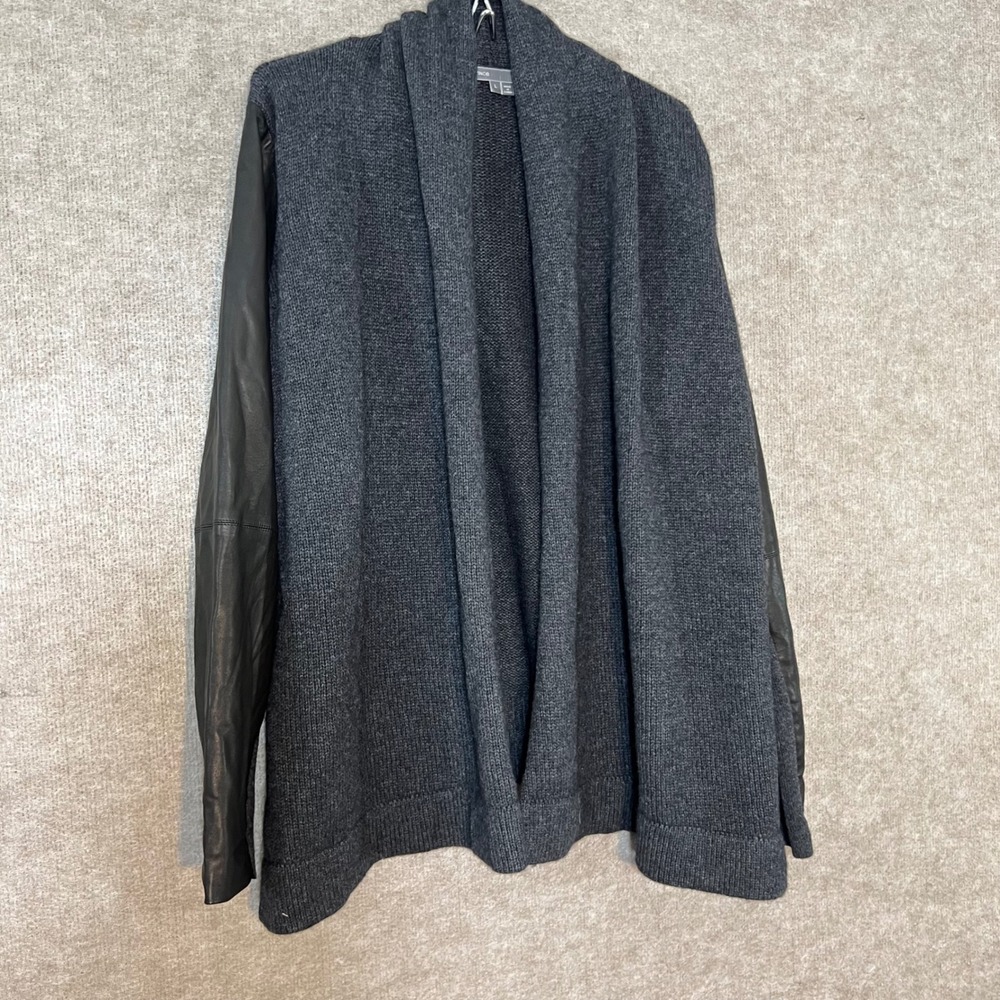 Vince Cardigan Sweater Women Large Gray Wool Yak Blend Leather Sleeve Minimalist